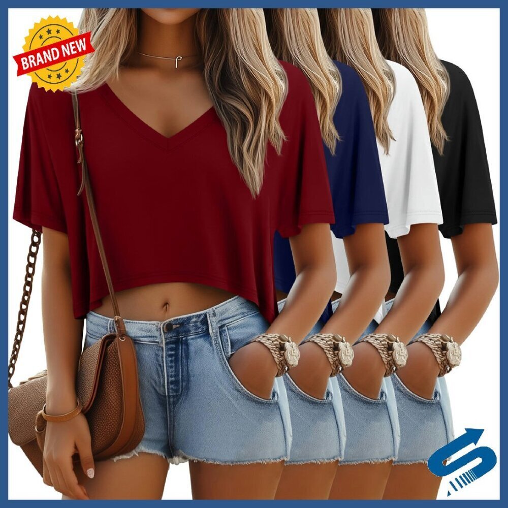 Oversized Crop T-Shirts 4-Pack V-Neck Summer Tops Soft Fabric